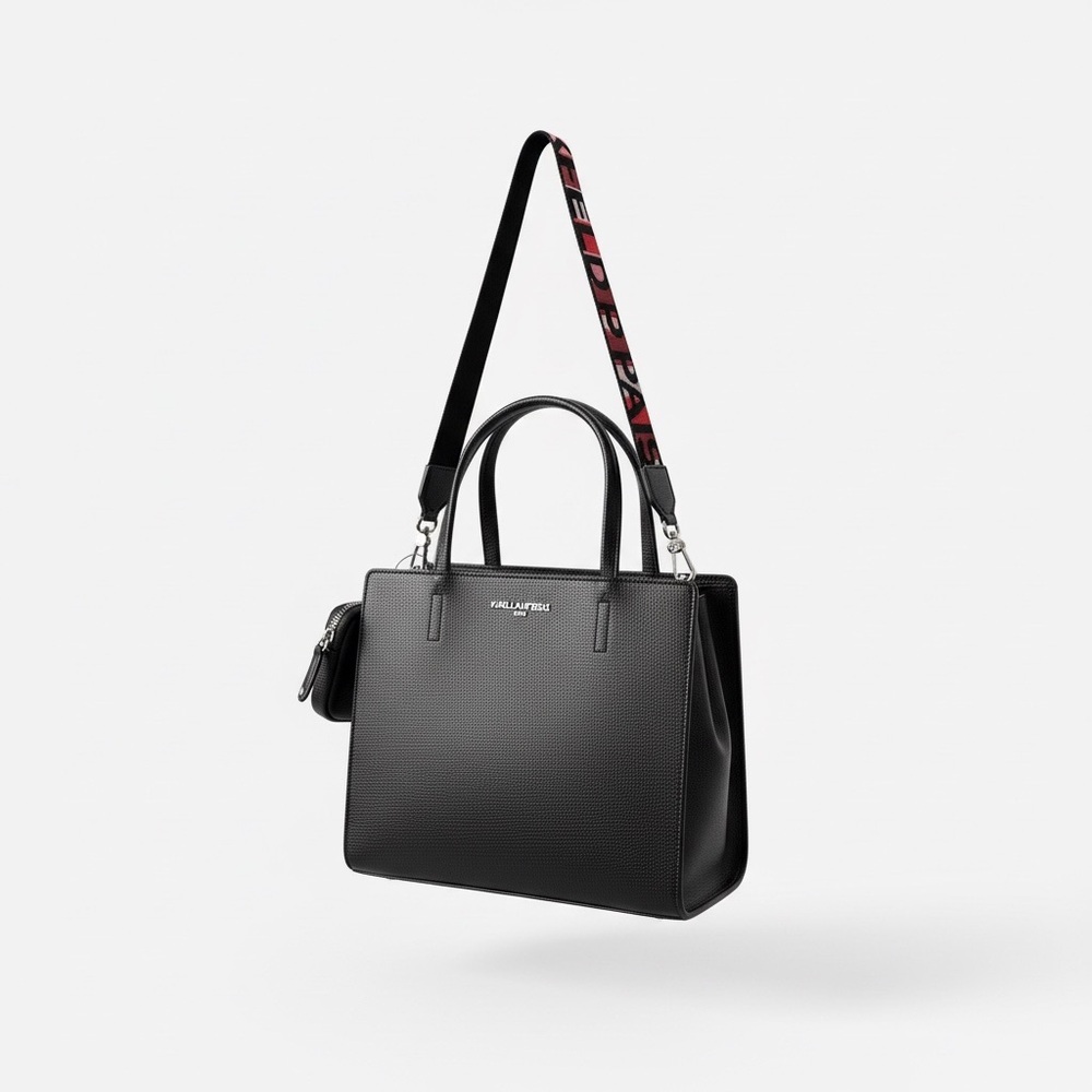 Karl Lagerfeld Black Tote with Red and Pink Guitar Strap - Picture 2 of 4